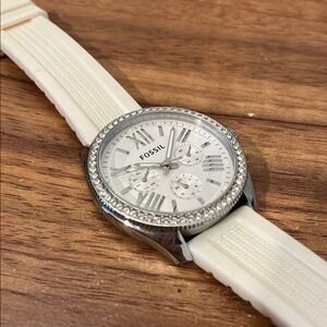 Fossil White and Silver Watch with Crystal Accents